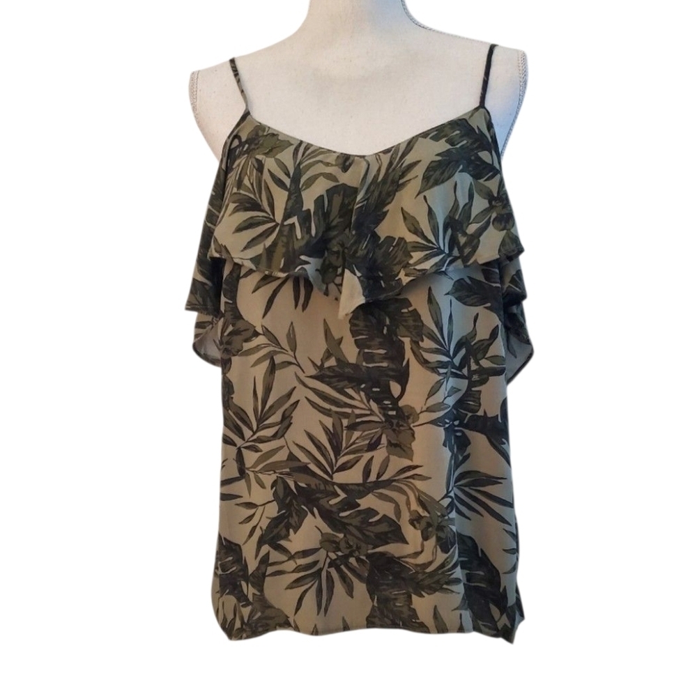 Old Navy Olive Leaf Print Cold Shoulder Ruffled Sleeve Cami Swing Top Size M NWT